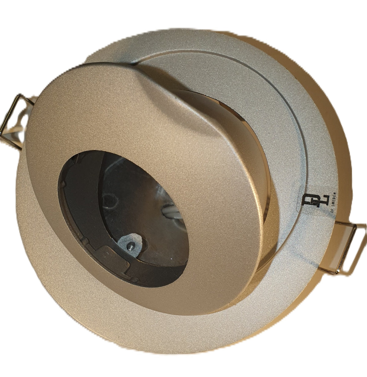 Silvergrå vridbar MR16-downlight i aluminium med vinklad insats och fjäderfästen | Molectric
