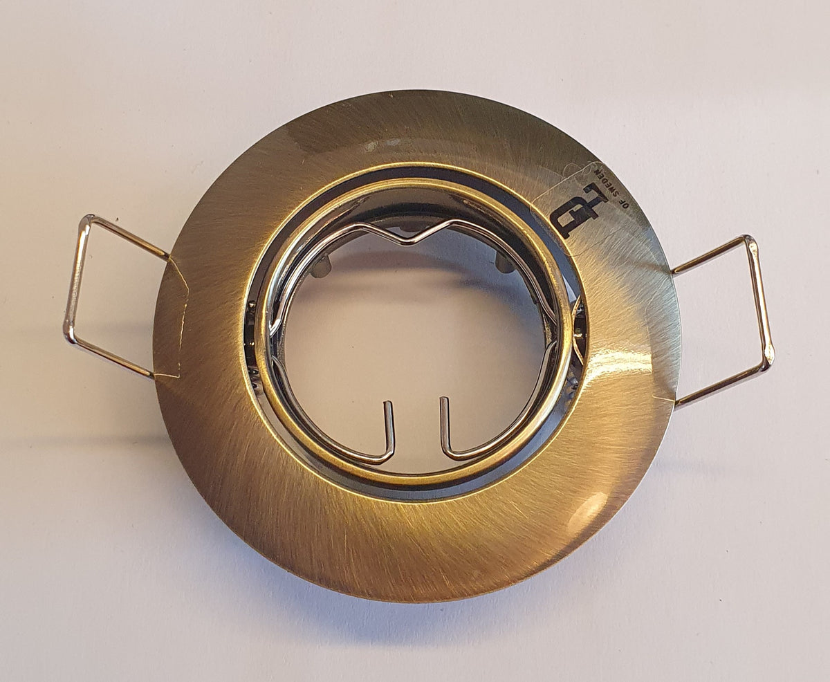 Designlight D-3259GAB rund vinklingsbar MR11-armatur med guldfärgad borstad front, blank innerring och fjäderfästen | Molectric