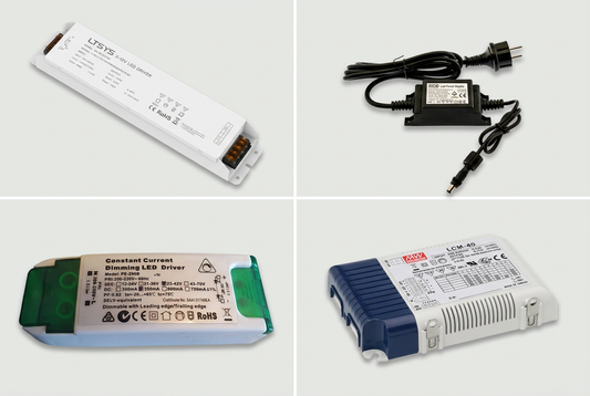 Samlingsbild med fyra LED-drivare och transformatorer från Molectrics sortiment | Molectric