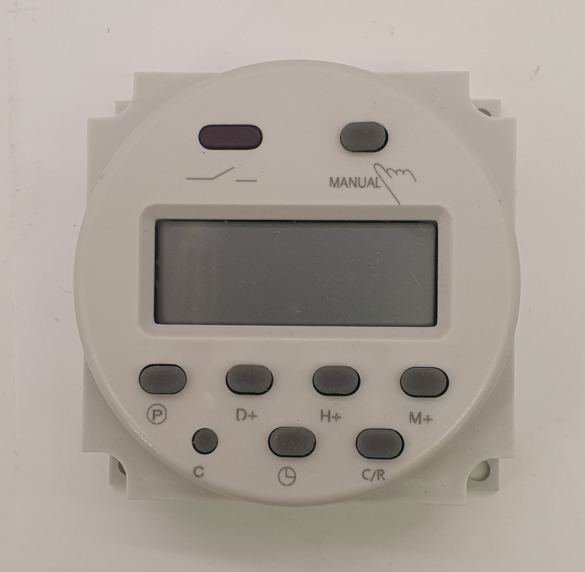 Digital 12 V 7-dagarstimer med ljusgrå front, LCD-display och programmeringsknappar | Molectric